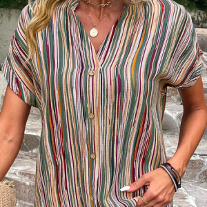 V Neck Loose Casual Cotton Button Striped Green V Neck Blouse, Shirts & Blouses, color:Green|size:XXL, JustFashionNow
