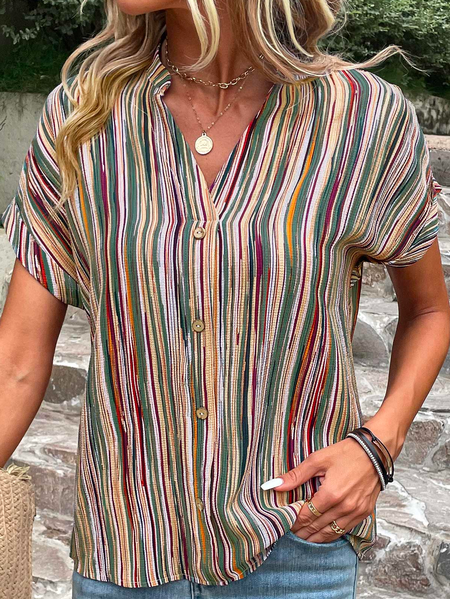 V Neck Loose Casual Cotton Button Striped Green V Neck Blouse, Shirts & Blouses, color:Green|size:XXL, JustFashionNow