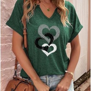 Heart/Cordate Casual V Neck Loose T-Shirt, T-Shirts, color:Green|size:XXL, JustFashionNow