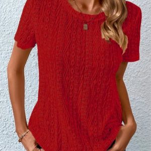 Loose Casual Crew Neck Solid Eyelet Embroidery Round Neck Tee, Shirts & Blouses, color:Red|size:XXL, JustFashionNow