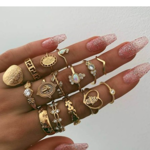 women's vintage ring ring set, Rings, color:Golden|size:One-size, JustFashionNow