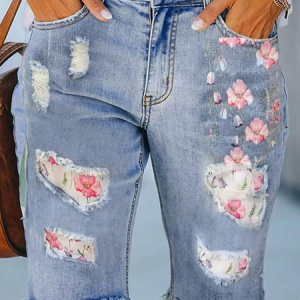 Floral Print Bermuda Denim Short, Denim Shorts, color:Blue|size:XXL, Noracora
