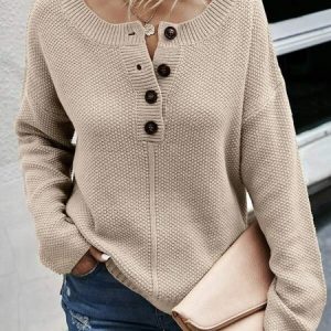 Button Plain Loose Thermal Sweater, Sweaters, color:Khaki|size:XXL, JustFashionNow