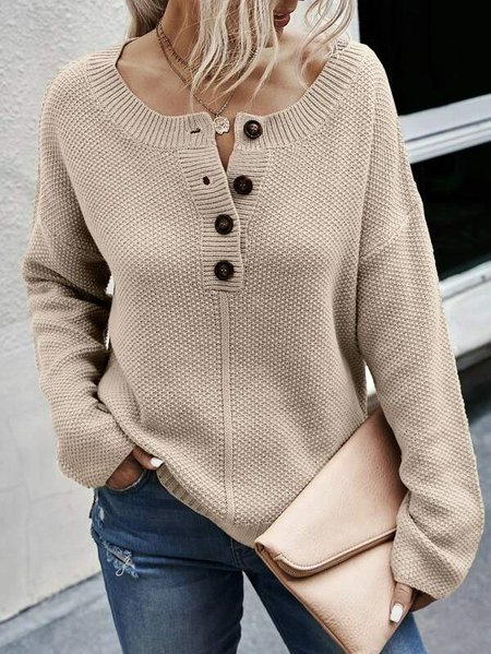 Button Plain Loose Thermal Sweater, Sweaters, color:Khaki|size:XXL, JustFashionNow