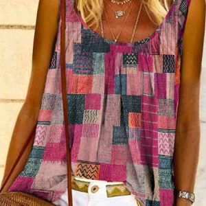 Casual Sleeveless Round Neck Printed Tunic Top Vests, Tanks & Camis, color:Rose|size:XS, catalog Noracora shop