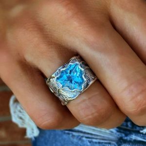 Vintage Blue Crystal Metal Distressed Ring Casual Vacation Women's Jewelry, Rings, color:As Picture|size:10, JustFashionNow