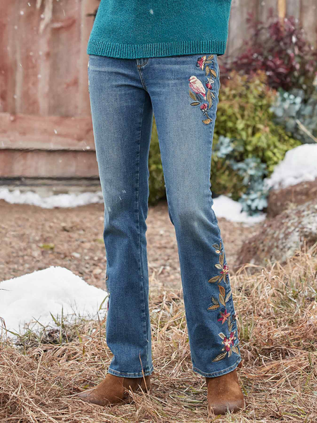 Casual Loose Floral Denim Jeans, Jeans, color:Denim Blue|size:XXL, JustFashionNow