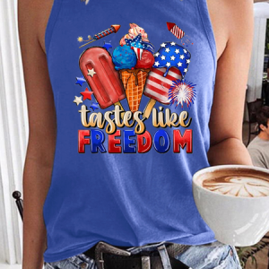 Women’s 4th of July American Flag Tastes Like Freedom Crew Neck Tank Top, color:Light Blue|size:3XL, Lilicloth.com