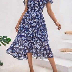 Vacation Floral Loose V Neck Dress, Dresses, color:Blue|size:XXL, JustFashionNow