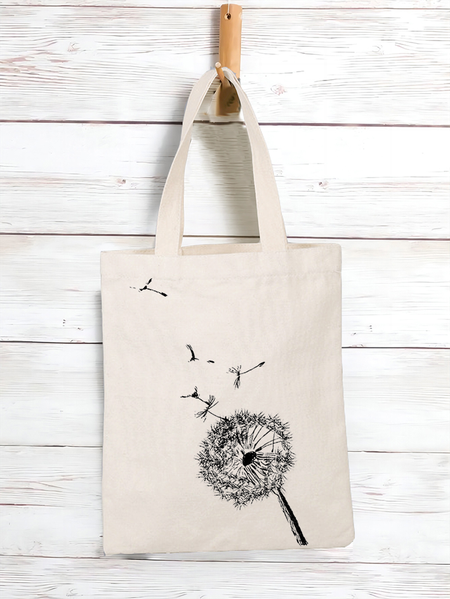 Women's Dandelion Pattern Canvas Shopping Tote, color:White|size:One-size, Lilicloth.com
