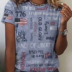 Women’s Patriotic Words Print Casual Flag T-Shirt, color:Blue|size:3XL, Lilicloth.com