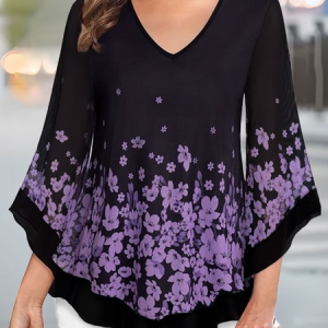 Casual Floral V Neck Loose Shirt, Shirts & Blouses, color:Black|size:XXL, JustFashionNow