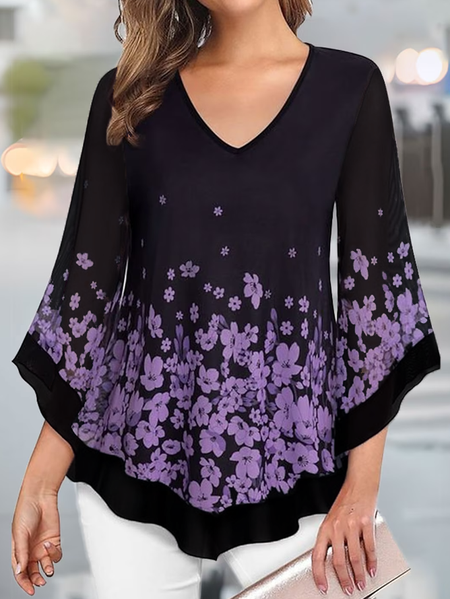 Casual Floral V Neck Loose Shirt, Shirts & Blouses, color:Black|size:XXL, JustFashionNow