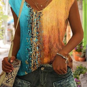 Abstract Casual Cap Sleeve Loose Shirt, Shirts & Blouses, color:Multicolor|size:4X, JustFashionNow