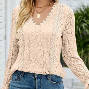 V Neck Long Sleeve Lace Regular Regular Fit Shirt For Women, Blouses, color:Apricot|size:XXL, Noracora