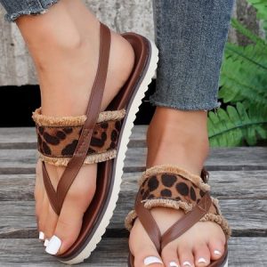 Leopard Fringe Slingback Thong Sandals, Sandals, color:Brown|size:43, JustFashionNow