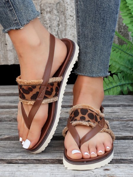 Leopard Fringe Slingback Thong Sandals, Sandals, color:Brown|size:43, JustFashionNow