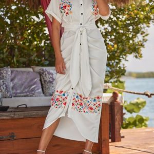 Elegant Printed  Short Sleeve Shirt Collar  Dress, Dresses, color:White|size:XXL, Stylewe