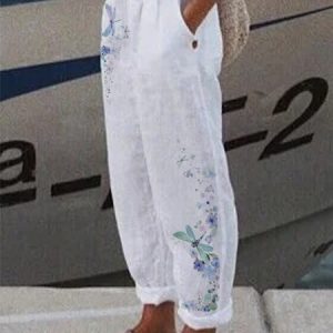 Cotton Casual summer beach floral Pants, Pants, color:White|size:XXL, JustFashionNow