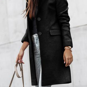 Lapel Collar Long Sleeve Plain Buckle Regular Loose Coat For Women, Coats, color:Black|size:XXL, Noracora