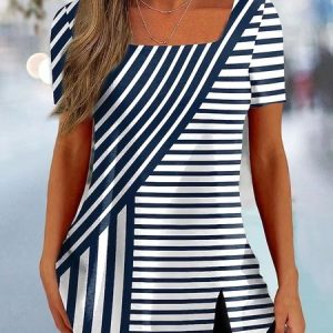 Square Neck Striped Casual T-Shirt, TOPS, color:Stripe|size:4X, Noracora
