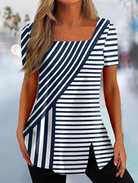 Square Neck Striped Casual T-Shirt, T-Shirts, color:Stripe|size:4X, JustFashionNow