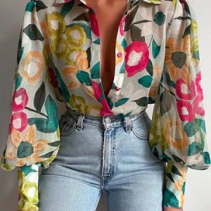 Shirt Collar Elegant Regular Fit Long Sleeve Blouse, Blouses and Shirts, color:Green|size:XXL, Stylewe