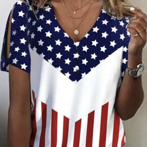 Loose Casual V Neck Independence Day Shirt, Shirts & Blouses, color:Multicolor|size:XXL, JustFashionNow
