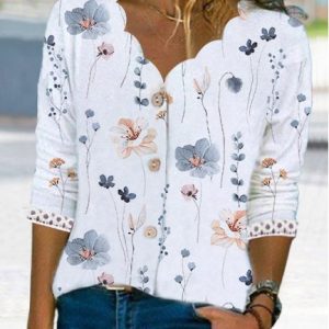 Floral Loose V Neck Knitted Casual Shirt, color:White|size:XXL, Lilicloth.com