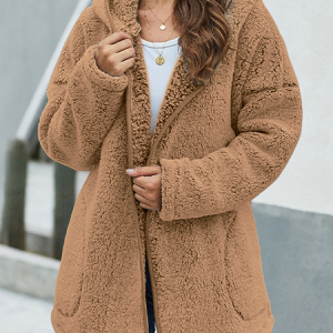 Plain hooded Plush coat, Jackets, color:Camel|size:XXL, JustFashionNow