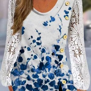 Casual Floral Crew Neck T-Shirt, T-Shirts, color:Blue|size:3XL, JustFashionNow