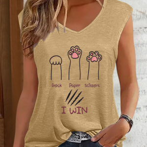 Women's Funny Paw Cat Cotton-Blend Text Letters Regular Fit Simple Tank Top, color:Khaki|size:3XL, Lilicloth.com