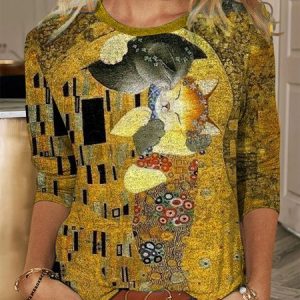 Crew Neck Cat Loose T-Shirt, T-Shirts, color:Yellow|size:XXL, JustFashionNow