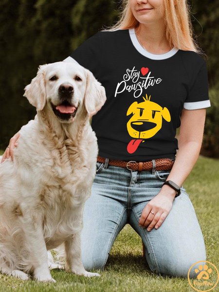 Lilicloth X Funnpaw X Manikvskhan Stay Pawsitive Women's T-Shirt, color:Black|size:L, Lilicloth.com