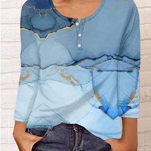 Casual Abstract Half Open Collar Long Sleeve T-shirt, T-shirts, color:Light Blue|size:5XL, Noracora