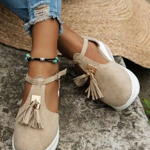 Tassels Suede Casual T-shaped Flat Shoes, Flats, color:Khaki|size:43, JustFashionNow