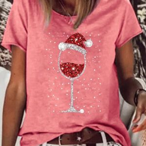 Women's Christmas Wine Glasses Light Bling Print Casual T-shirt, color:Red|size:3XL, Lilicloth.com