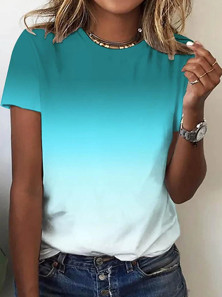 Women's T-shirt Tee Black Yellow Red Color Gradient Print Short Sleeves, JustFashionNow T-Shirts, color:Sky Blue|size:XXL,