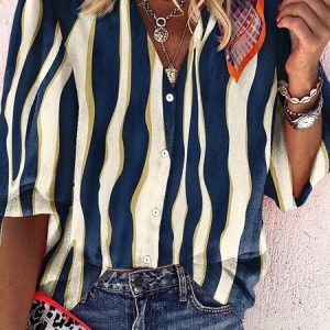 Striped Casual V Neck Three Quarter Sleeve Loose Blouse, Shirts, color:Dark Blue|size:3XL, Noracora