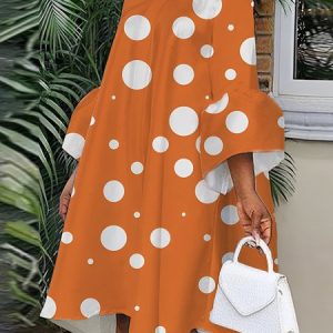 Regular Fit Polka Dots Elegant Stand Collar Dress, Midi Dresses, color:Orange|size:XXL, Stylewe