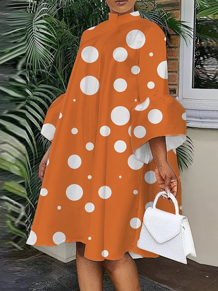 Regular Fit Polka Dots Elegant Stand Collar Dress, Midi Dresses, color:Orange|size:XXL, Stylewe
