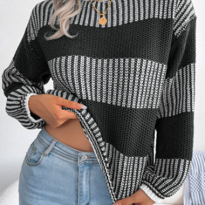 Women Striped Long Sleeve Comfy Casual Sweater, Sweaters, color:Black|size:L, Noracora