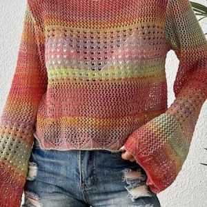 Women Wool/Knitting Ombre Long Sleeve Comfy Vintage Sweater, Sweaters, color:Multicolor|size:L, Noracora