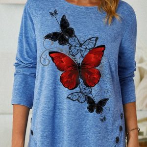 Women's Fashion Butterfly Graphic Printing Casual Crew Neck Shirt, Long sleeves, Lilicloth.com