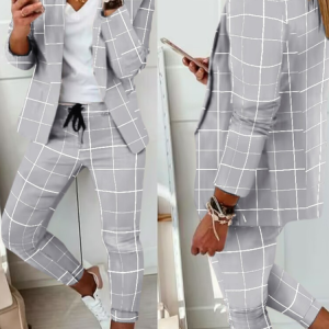 Casual Regular Fit Plaid Two-Piece Set, Suit Set, color:Gray|size:XXL, JustFashionNow