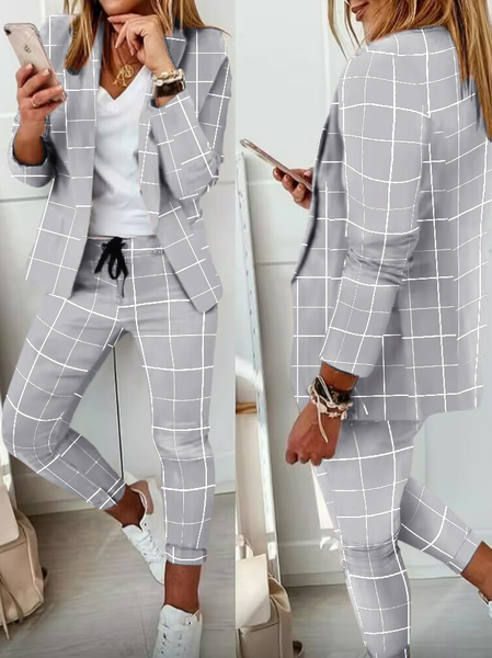 Casual Regular Fit Plaid Two-Piece Set, Suit Set, color:Gray|size:XXL, JustFashionNow