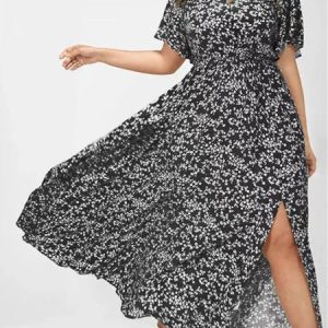 Women's Casual Floral Half Sleeve Long Dresses Beach Vacation Boho Clothing, Dresses, color:Black|size:XXL, JustFashionNow