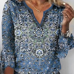 Ethnic Print Notched Long Sleeve T-Shirt, T-shirts, color:Blue|size:XXL, Noracora