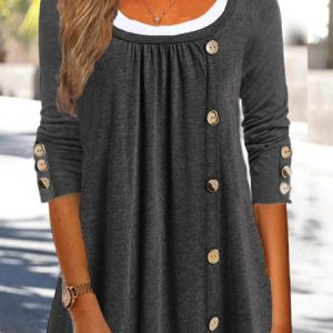 Women Casual Plain Autumn Lightweight Daily Loose Standard Mid-long H-Line Tunic Top, Tops, color:Gray|size:XXL, Noracora