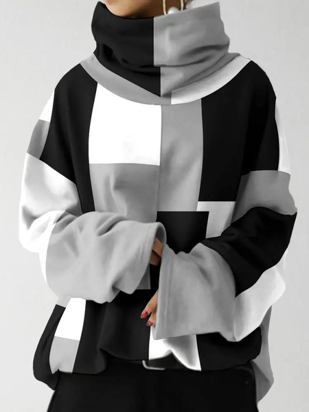 Turtleneck Casual Geometric Knitted Sweatshirt, Sweatshirts & Hoodies, color:Black|size:XXL, JustFashionNow